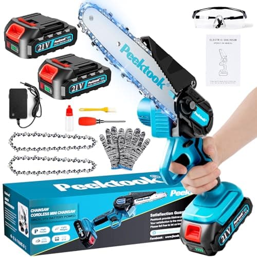 Peektook Cordless 6 Inch Mini Chain Saw with 2 x 2.0Ah Battery for Tree Trimming