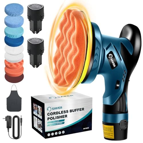 Saker 6" Cordless Car Buffer Polisher Kit, 2x2000mAh Batteries, 6 Speed Settings, 16 Attachments
