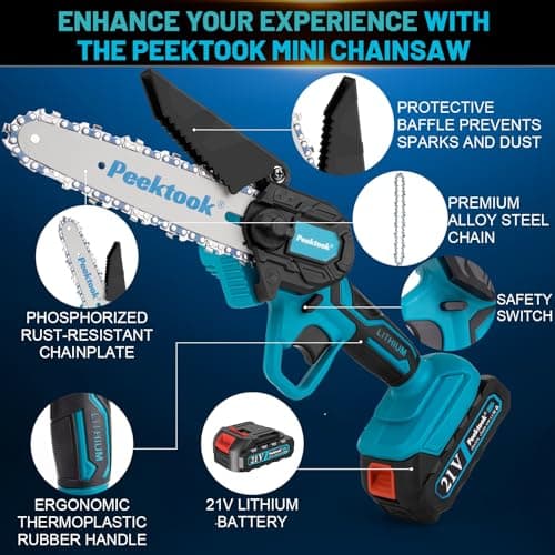 Peektook Cordless 6 Inch Mini Chain Saw with 2 x 2.0Ah Battery for Tree Trimming