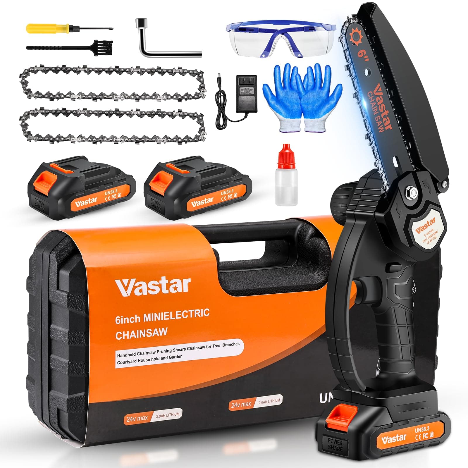 Vastar Cordless Mini Chainsaw with 2 Rechargeable Batteries and 2 Chains