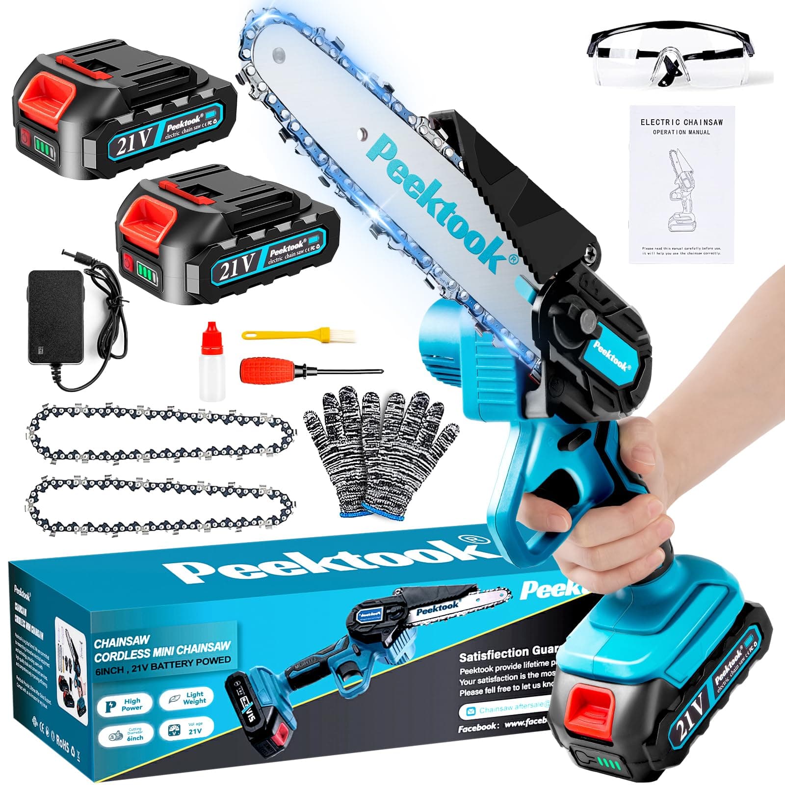Peektook Cordless 6 Inch Mini Chain Saw with 2 x 2.0Ah Battery for Tree Trimming